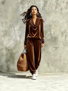 Women Velvet Cowl Neck Long Sleeve Top And Bottom Set Casual Solid Color Joggers Tracksuit For Autumn Winter