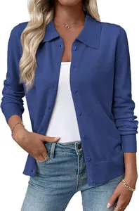 Detailed view of a slim fit blue knit cardigan featuring a classic lapel collar.