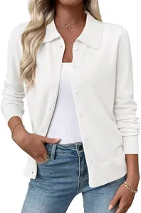 Detailed close-up of a women's white slim-fit lapel long-sleeve knit cardigan sweater