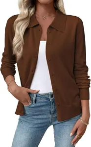 Close-up detail of women's brown lapel long sleeve slim fit knit button-up cardigan