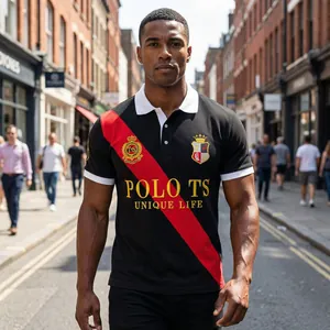 British style men's cotton Polo shirt with red diagonal sash and embroidered crests