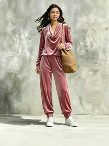 Elegant pink velvet lounge set with cowl neck top and joggers for women