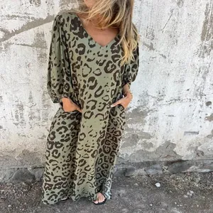 Robe longue bohème à col en V, imprimé léopard avec manches bouffantes et poches