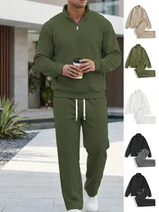 Men's Casual Waffle Knit Tracksuit Set Stand Collar Half-Zip Long Sleeve Sweatshirt And Long Pants Loose Sweatsuit Set
