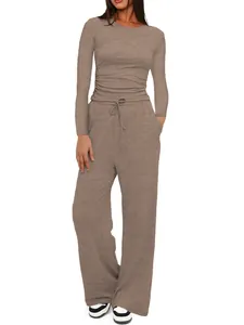 Two-piece casual long sleeve top and high waist wide leg pants lounge set for women