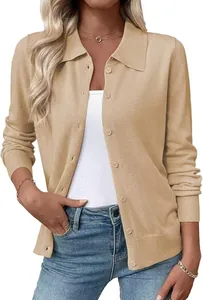 Detail of the soft knit texture and elegant lapel on this beige women's cardigan