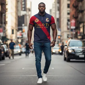 Professional men's stylish navy and red diagonal stripe Polo shirt modeled on a city street