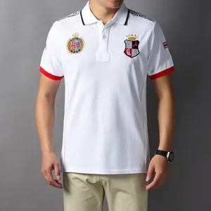 Men's classic white cotton polo shirt featuring British royal style embroidery details
