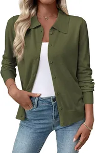 Detailed view of women's olive green slim fit long sleeve knit cardigan with lapel