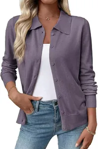 Detail of a purple long-sleeve knit cardigan with lapel and button closure