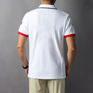 Back view of men's white cotton Polo shirt with red sleeve cuffs and UK flag embroidery