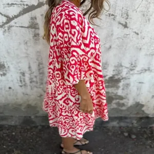 Bohemian red and white tribal printed summer mini dress for women with casual loose fit