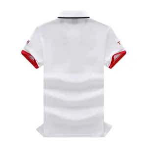 Back view of premium white cotton polo shirt with British flag patch and red cuffs