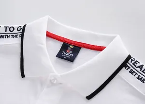 Close-up view of a white cotton Polo shirt collar featuring embroidered trim and brand label