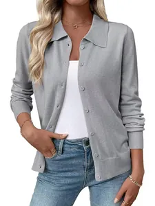 Women's casual lapel long sleeve knitted cardigan jacket in light grey solid color