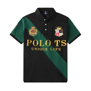 Detail view of British style men's polo shirt with diagonal green stripe and gold embroidery