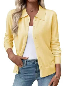 Elegant women's light yellow long sleeve knit cardigan with lapel collar and buttons