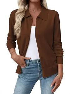 Slim fit brown long sleeve knit cardigan with lapel collar for women