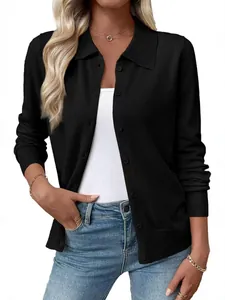Classic women's black long sleeve lapel knit cardigan, slim fit button down jacket top