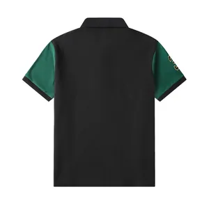 Back view of casual color-block polo shirt featuring green sleeves and sleeve embroidery