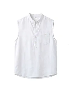 Detail view of white linen sleeveless Henley shirt with buttons and chest pocket.
