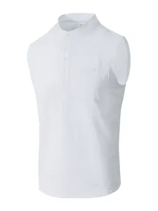 Close-up detail of a white sleeveless linen Henley shirt for men with button placket