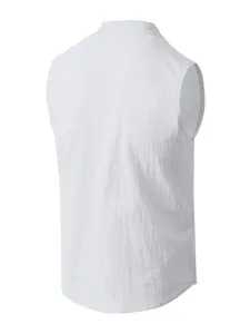 Detailed back view of a white sleeveless casual linen Henley shirt for men summer wear