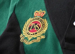 High-detail view of embroidered crest on green and black color-block cotton polo shirt