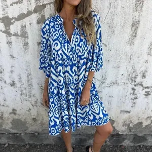 Women V Neck Floral Print Midi Dress Boho Casual Summer Tiered Pleated Ruffle Short Sleeve Polyester Spandex Dresses