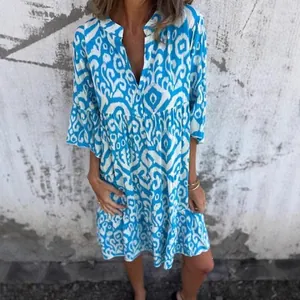 Bohemian style V-neck printed dress with blue and white ethnic patterns for summer
