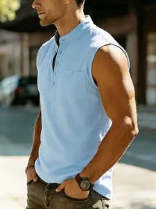 Detailed shot of men's blue linen sleeveless Henley shirt with front pocket and buttons