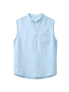Detailed view of light blue men's sleeveless linen Henley shirt with chest pocket