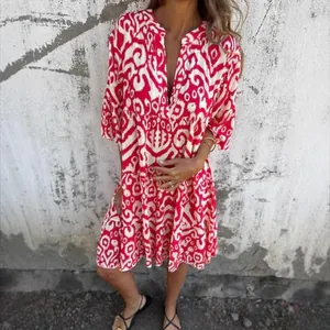 Bohemian style red and white V-neck printed casual pleated summer dress for women
