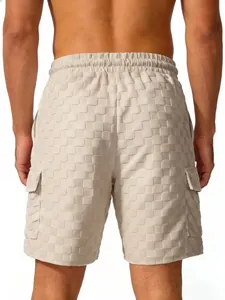 Detailed back view of men's beige checkerboard jacquard textured summer cargo shorts