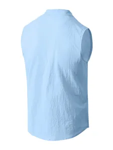 Back view of light blue sleeveless linen henley shirt for men, casual summer style