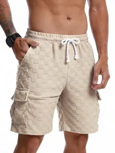 Detail of men's beige checkerboard jacquard fabric on these casual summer cargo shorts