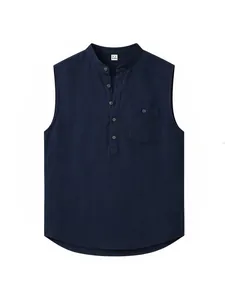 Close-up view of navy blue men's sleeveless linen Henley shirt with a functional pocket