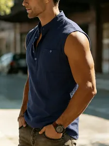 Detail shot of navy blue sleeveless linen Henley shirt for men's casual summer style