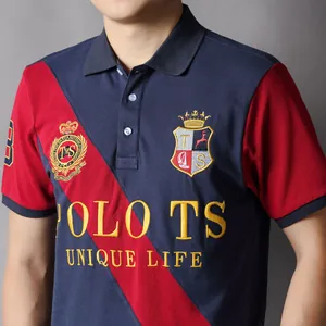 Close-up of men's color-block polo shirt with unique crest embroidery detail