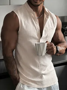Macro view of a men's linen sleeveless henley shirt showing the natural fabric texture
