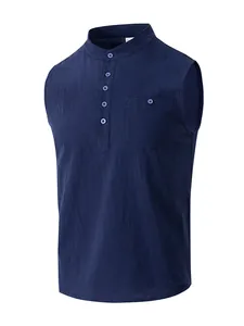 Detail view of navy blue sleeveless linen Henley shirt with chest pocket