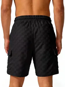 Rear view of black men's casual shorts featuring a stylish checkerboard jacquard texture