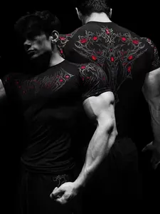 Detailed view of Breathedivinity men's compression shirt with gothic red graphic print