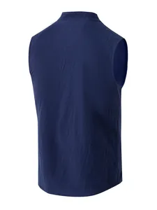Detailed back view of men's navy blue linen sleeveless Henley shirt with breathable texture