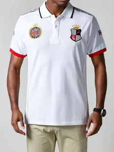 White men's cotton polo shirt with British royal style embroidery and sporty details