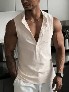 Close-up detail of a men's beige linen sleeveless Henley shirt featuring a chest pocket
