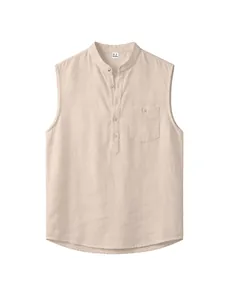 Close-up of a men's casual sleeveless linen Henley shirt in light beige with chest pocket