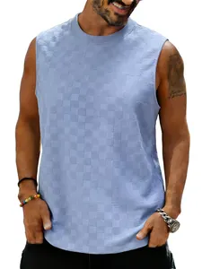 Vue détaillée du débardeur sans manches bleu à motif damier jacquard pour hommes