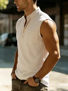 Detailed side view of a men's beige linen sleeveless Henley shirt for summer.