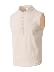 Detailed view of men's linen sleeveless Henley shirt in apricot with chest pocket